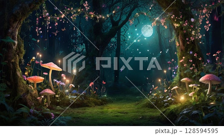 Magical enchanted forest with glowing fireflies, butterflies and colorful flowers. Fantasy nature background concept 128594595