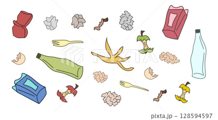 Colorful Trash and Debris Illustration isolated on White Background. Concept of Environmental Awareness, Pollution, Recycling, Waste Management, Litter Cleanup. Art for Eco Campaigns 128594597