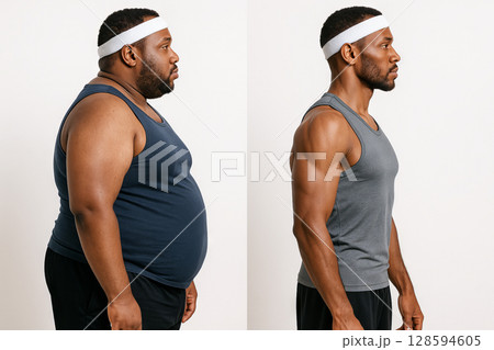 African american man s fitness transformation journey showcasing dramatic weight loss and muscle gain side by side. concept of personal health, fitness motivation, lifestyle change, before and after 128594605