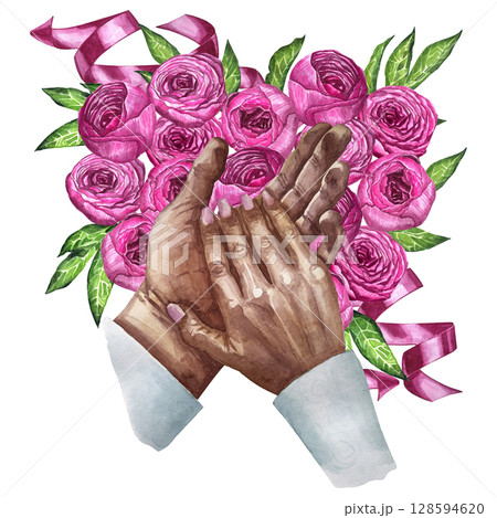 Holding hands couple in love with peonies watercolor illustration clip art set. Relationship concept design. Love concept illustration. Holding hands couple in love with peonies watercolor illustration clip art set. Relationship concept design. Love concept illustration. 128594620