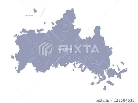 グレー色の山口県の行政区分付き地図 グレー色の山口県の行政区分付き地図 128594635