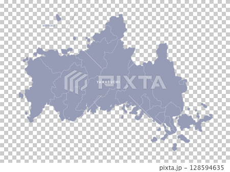 グレー色の山口県の行政区分付き地図 グレー色の山口県の行政区分付き地図 128594635