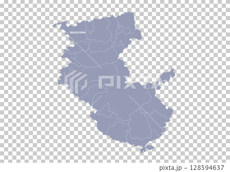 グレー色の和歌山県の行政区分付き地図 グレー色の和歌山県の行政区分付き地図 128594637