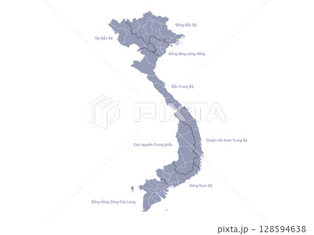 グレー色のベトナムの行政区分地図 (ベトナム語)(Map of Vietnam) グレー色のベトナムの行政区分地図 (ベトナム語)(Map of Vietnam) 128594638