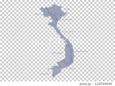 グレー色のベトナムの行政区分地図 (英語)(Map of Vietnam) グレー色のベトナムの行政区分地図 (英語)(Map of Vietnam) 128594640