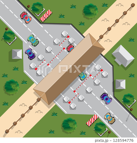 Checkpoint at the border. View from above. Vector illustration. 128594776