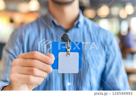 Man presenting blue and white identification badge at workplace entrance 128594993