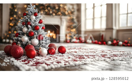 Elegant christmas, snowy tabletop vignette with tree and bright ornaments 128595012