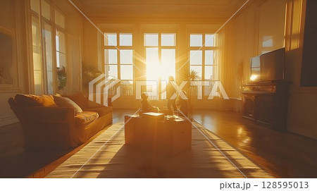 Golden hour illuminates family moment in bright luxurious apartment 128595013