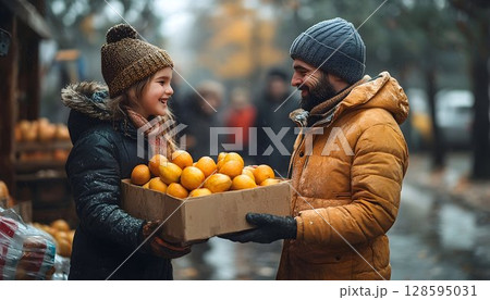 Sharing warmth a father and daughter's citrus exchange in winter market 128595031