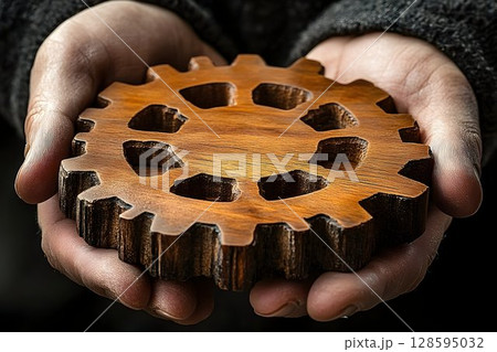 Wooden cog in hands conveys concepts like precision and collaboration 128595032