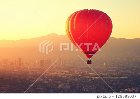A Magnificent red Hot Air Balloon Drifting Over a Peaceful Cityscape A Magnificent red Hot Air Balloon Drifting Over a Peaceful Cityscape 128595037