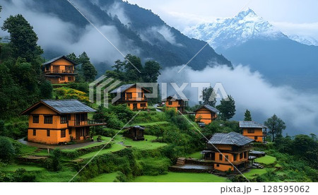 Idyllic mountain village nestled amid lush greenery and misty peaks scenery 128595062