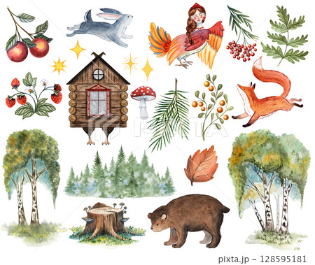 Watercolor Russian fairytale clipart set Sirin bird, Baba Yaga hut, fox, rabbit, bear, stars, mushroom, oak, pine, branch, forest, birch tree, stump, leaf, apple, strawberry hand painted illustration 128595181