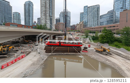 Urban Transformation, Railway Car Relocation Amidst Cityscape Development 128595211