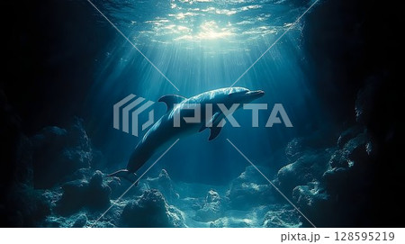 Sunlit Symphony, A Dolphin's Graceful Dance in the Azure Depths 128595219