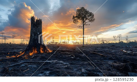 Devastation and Hope, Burnt Forest Landscape with Fire and a Surviving Tree 128595230