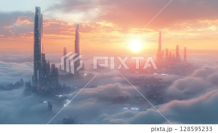 Futuristic cityscape emerging from serene cloudscape at sunrise 128595233