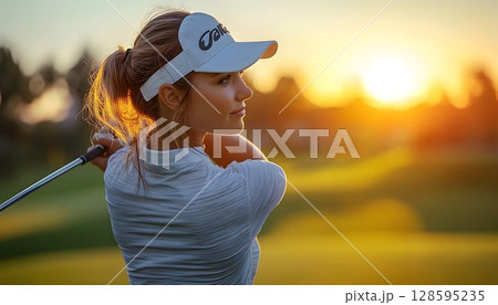 Focused golf player mid-swing during golden hour on vibrant green course 128595235