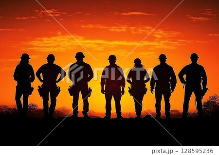 Silhouetted construction crew against vibrant sunset, workforce dedication 128595236