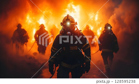 Firefighters courageously confront blazing inferno, battling the flames together Firefighters courageously confront blazing inferno, battling the flames together 128595238