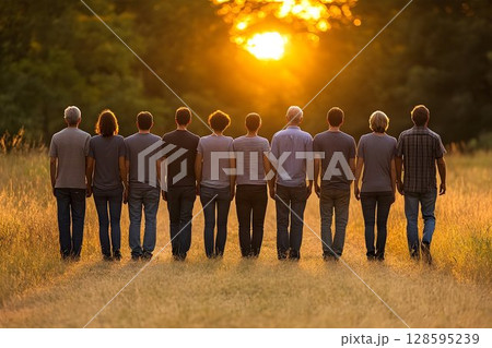 Diverse group facing sunrise, unity and future aspirations concept 128595239