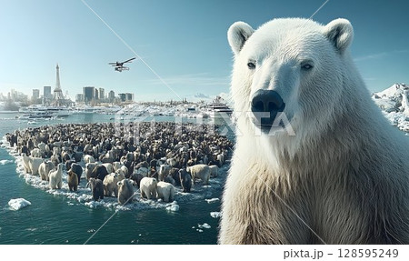 Polar bear population near paris skyline, amidst climate change concerns Polar bear population near paris skyline, amidst climate change concerns 128595249
