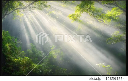Ethereal Light Rays Illuminating a Lush Green Forest Canopy Scene 128595254