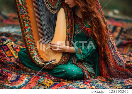 Bohemian rhapsody of a musician and her harp in a serene colorful setting 128595263