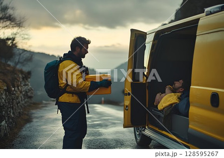 Emergency Assistance in the Mountains Rescue Team Delivering Supplies with Van 128595267