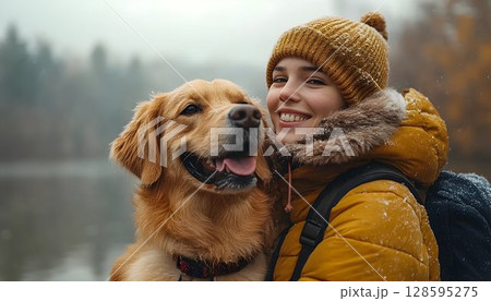 A bonding moment: Young woman and her dog enjoying a snowy outdoor adventure 128595275