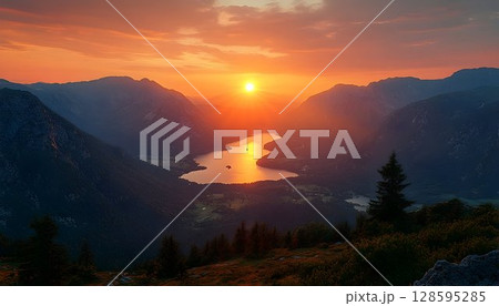 Spectacular mountain valley vista bathed in the golden glow of sunrise Spectacular mountain valley vista bathed in the golden glow of sunrise 128595285