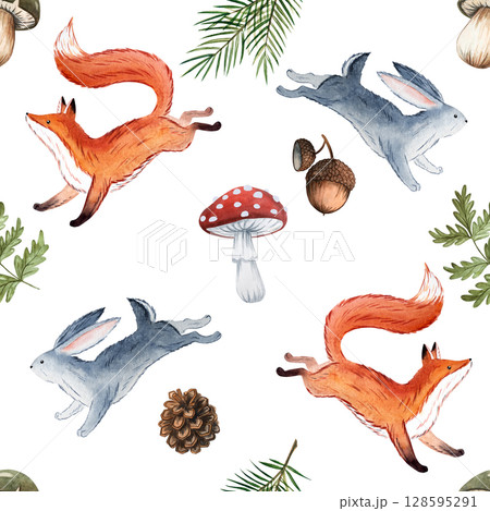 Seamless watercolor pattern with foxes, rabbits, acorns, pine and oak branches, and mushrooms in Russian fairytale style for nursery textiles, baby products, packaging and magical children designs 128595291