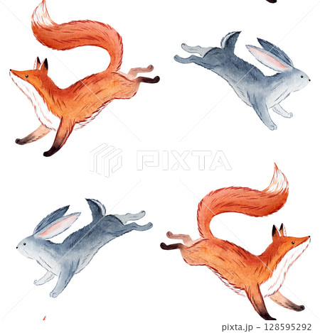 Seamless watercolor pattern with cute foxes and rabbits in Russian fairytale style for children products, baby textiles, nursery decor, packaging, cards and storybook backgrounds Seamless watercolor pattern with cute foxes and rabbits in Russian fairytale style for children products, baby textiles, nursery decor, packaging, cards and storybook backgrounds 128595292