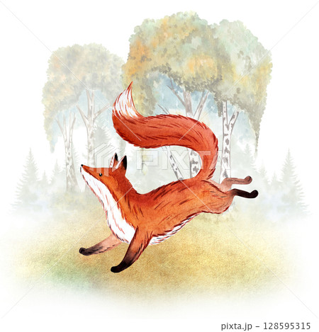 Autumn Birch Forest with jumping fox Whimsical Russian Fairy Tale Watercolor Illustration for Kids, Nursery Decor, Wall Art 128595315