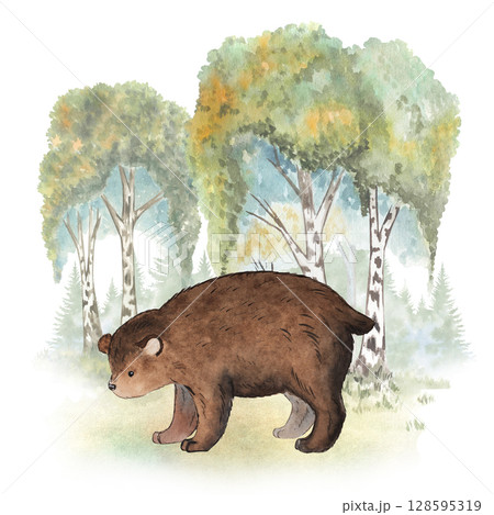 Autumn Birch Forest with Bear Whimsical Russian Fairy Tale Watercolor Illustration for Kids, Nursery Decor, Wall Art, Greeting Cards 128595319