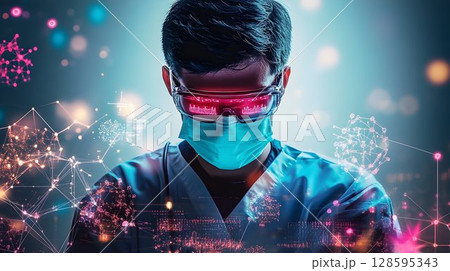 Futuristic medical professional analyzing data with augmented reality gear 128595343