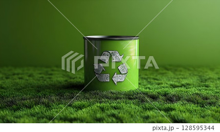 Green future: A vibrant metal tin displaying recycle logo on a lawn backdrop 128595344