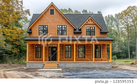 Craftsman style home with cedar shingles and black trim nestled in the trees Craftsman style home with cedar shingles and black trim nestled in the trees 128595353