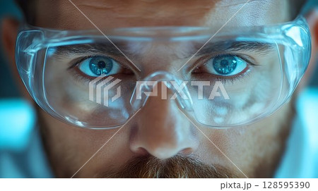 Focused Scientist Gazing Through Safety Goggles in a Laboratory Setting 128595390