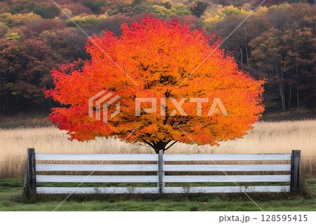 Radiant autumn foliage graces the rural landscape behind a rustic white fence 128595415