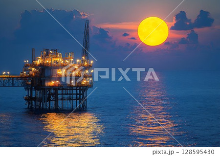 Illuminated offshore platform set against a vibrant evening oceanic landscape 128595430