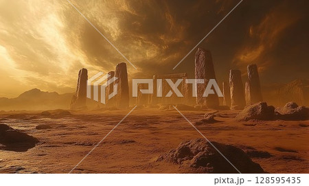 Mystical megalithic monument under a dramatic sky, ancient stone circle 128595435