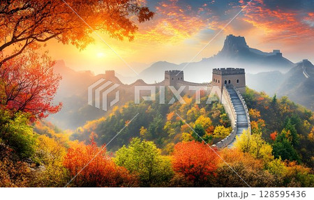Majestic Great Wall of China winding through autumn foliage at sunrise 128595436