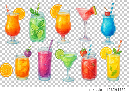 Png set of watercolor summer drinks with fruits and ice isolated on transparent background. concept of tropical beverages, party elements, exotic refreshing cocktails clip art 128595522
