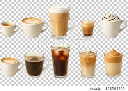 Png assortment of coffee drinks isolated on transparent background. concept of cafe beverages, espresso, latte, cappuccino, iced coffee collection, morning refreshment design. 128595523