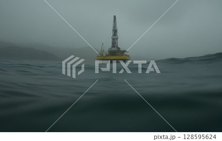 Offshore Oil Platform in Rough Seas Under a Gloomy Sky Environment 128595624
