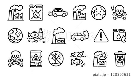 Black and white environmental pollution icons set with factories, cars, earth, skull, fish, trees, and trash can. concept of ecology, hazard, emission, waste, pollution Black and white environmental pollution icons set with factories, cars, earth, skull, fish, trees, and trash can. concept of ecology, hazard, emission, waste, pollution 128595631