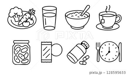 Set of healthy food and drink icons including vegetables, water glass, cereal bowl, coffee cup, jar, wrapped bar, pill bottle, and clock isolated on white background. Set of healthy food and drink icons including vegetables, water glass, cereal bowl, coffee cup, jar, wrapped bar, pill bottle, and clock isolated on white background. 128595633