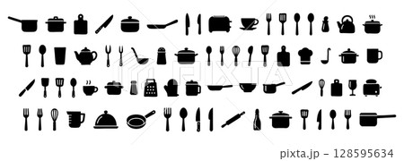 Set of Black silhouettes of kitchen utensils and appliances, isolated on white background, graphic illustration. concept of cookware, cutlery, kitchen tools, cooking accessories, design elements Set of Black silhouettes of kitchen utensils and appliances, isolated on white background, graphic illustration. concept of cookware, cutlery, kitchen tools, cooking accessories, design elements 128595634